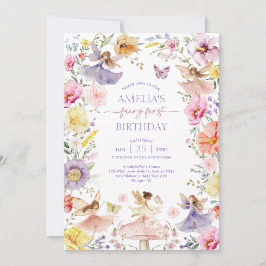 Kleurrijke Wildflower Fairy Eerste 1e Verjaardagsf Kaart (Voorkant)