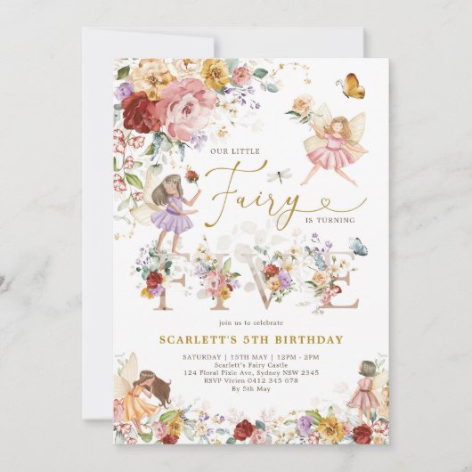 Kleurrijke Wildflower Fairy Prinses 5e Verjaardag Kaart (Voorkant)