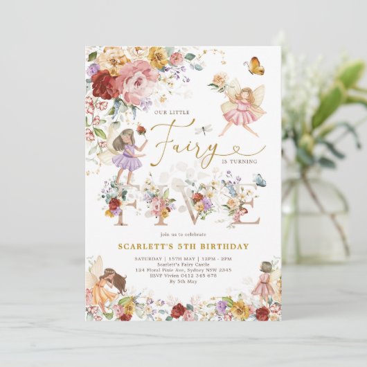 Kleurrijke Wildflower Fairy Prinses 5e Verjaardag Kaart (Staand voorkant)