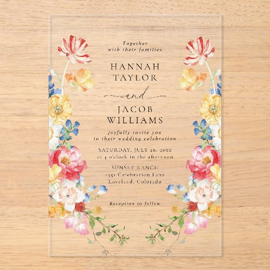 Kleurrijke Wildflower Floral bruiloft Acryl Uitnodigingen (Voorkant)