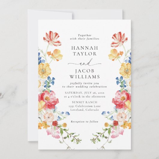Kleurrijke Wildflower Floral bruiloft Kaart (Voorkant)
