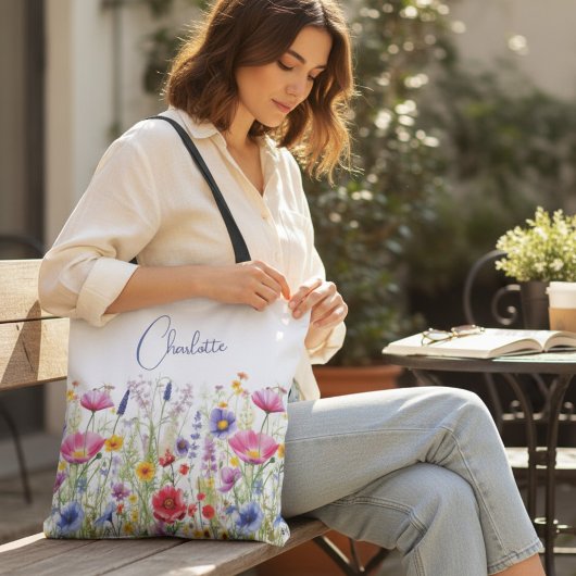 Kleurrijke Wildflower Floral Gepersonaliseerde naa Tote Bag