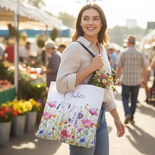 Kleurrijke Wildflower Floral Gepersonaliseerde naa Tote Bag