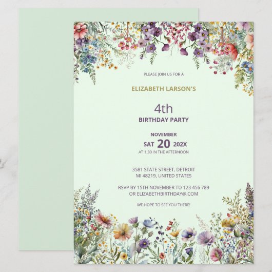 Kleurrijke Wildflower Floral Waterverf Verjaardag Kaart (Voorkant / Achterkant)