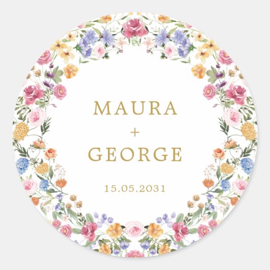 Kleurrijke Wildflower Garden Floral krans bruiloft Ronde Sticker (Voorkant)