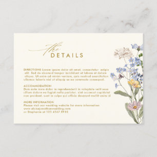 Kleurrijke wildflower Garden Gold Wedding Details Informatiekaartje