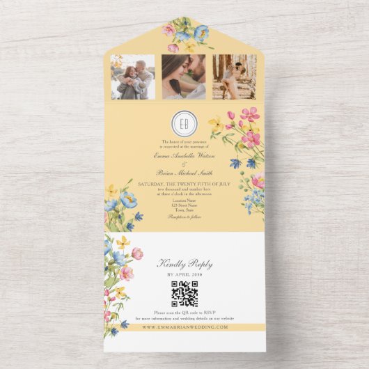 Kleurrijke Wildflower Garden Wedding All In One Uitnodiging (Binnen)