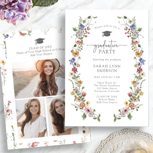 Kleurrijke Wildflower Graduation Party Kaart