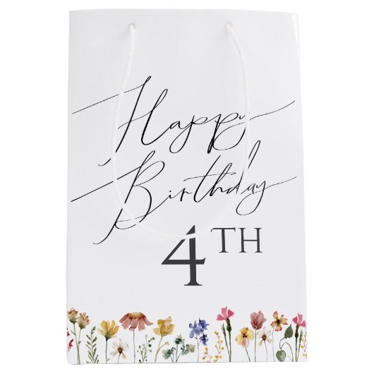 Kleurrijke Wildflower Happy Birthday Met Leeftijd Medium Cadeauzakje (Voorkant)