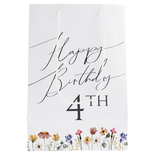 Kleurrijke Wildflower Happy Birthday Met Leeftijd Medium Cadeauzakje (Achterkant)