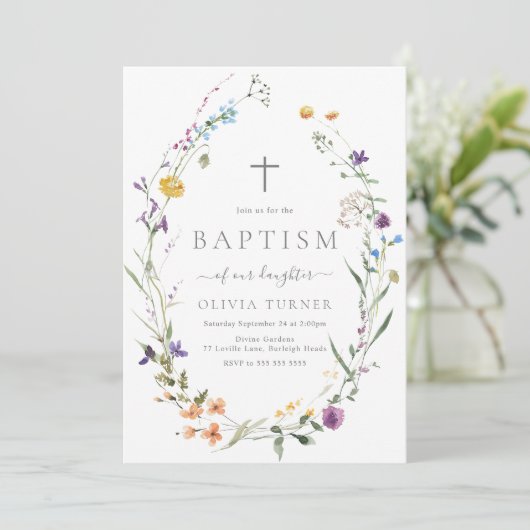 Kleurrijke Wildflower Krans Baby Doop Kaart (Staand voorkant)