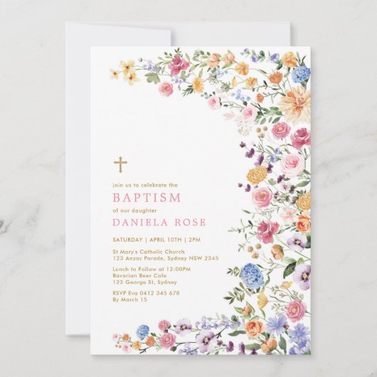 Kleurrijke Wildflower Meadow Meisje Doop Kaart (Voorkant)