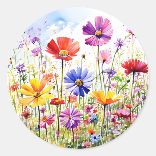 Kleurrijke Wildflower Meadow Waterverf Ronde Sticker (Voorkant)