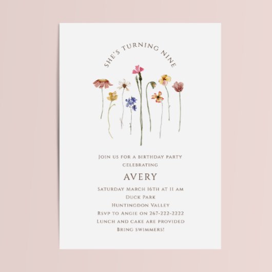 Kleurrijke Wildflower Negende Verjaardagsfeest Kaart