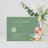 Kleurrijke Wildflower QR Code Sage Green RSVP Kaart (Staand voorkant)