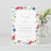 Kleurrijke Wildflower Rood Blauw Monogram Bruiloft Kaart (Staand voorkant)