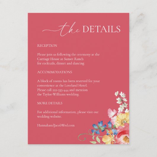 Kleurrijke Wildflower Roze Bruiloft Details Informatiekaartje (Voorkant)
