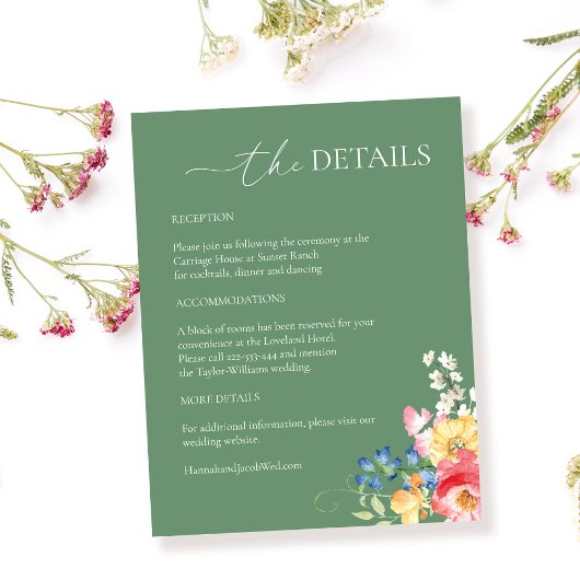 Kleurrijke Wildflower Sage Groene Bruiloft Details Informatiekaartje
