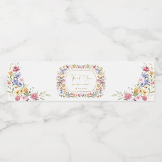 Kleurrijke Wildflower Spring Meadow Bruiloft Waterfles Etiket (Enkel label)