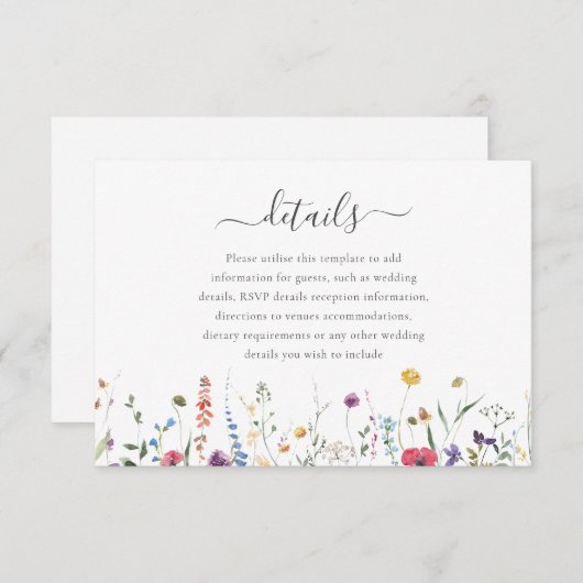 Kleurrijke Wildflower Spring Summer Wedding Detail Informatiekaartje (Voorkant / Achterkant)