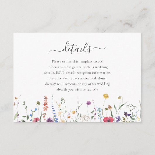 Kleurrijke Wildflower Spring Summer Wedding Detail Informatiekaartje (Voorkant)