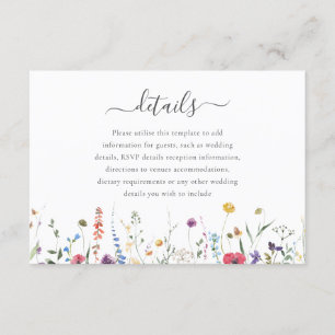 Kleurrijke Wildflower Spring Summer Wedding Detail Informatiekaartje