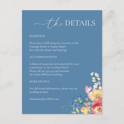Kleurrijke Wildflower Stoffig Blauw Bruiloft Detai Informatiekaartje (Voorkant)