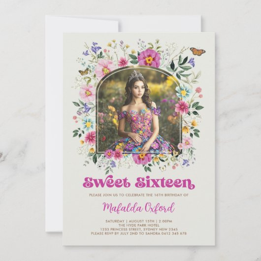 Kleurrijke Wildflower Sweet 16 Verjaardagsfoto Kaart (Voorkant)