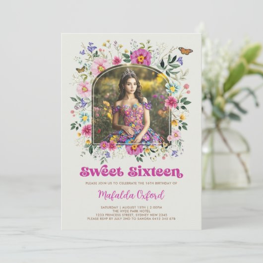 Kleurrijke Wildflower Sweet 16 Verjaardagsfoto Kaart (Staand voorkant)