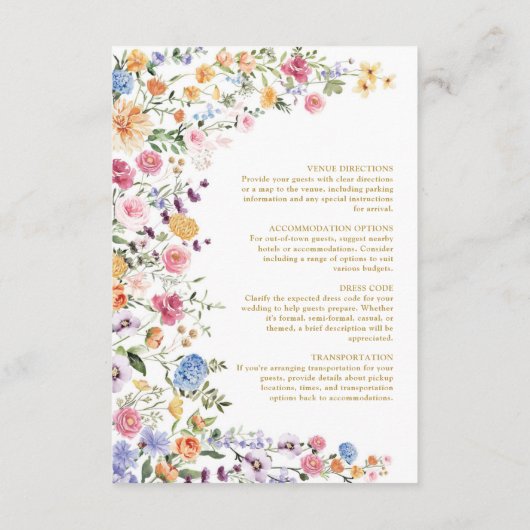 Kleurrijke Wildflower Tuin Bloemen Bruiloft Detail Informatiekaartje (Achterkant)