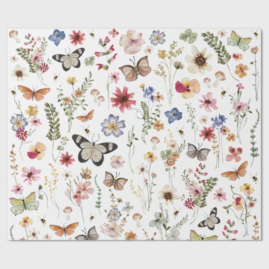 Kleurrijke Wildflower Vlinders Botanisch Cadeaupapier (Vlak)