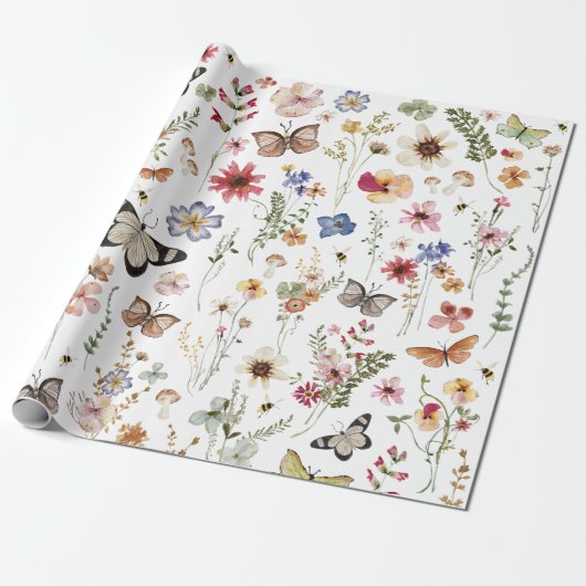 Kleurrijke  Wildflower Vlinders Botanisch Cadeaupapier (Uitgerold)