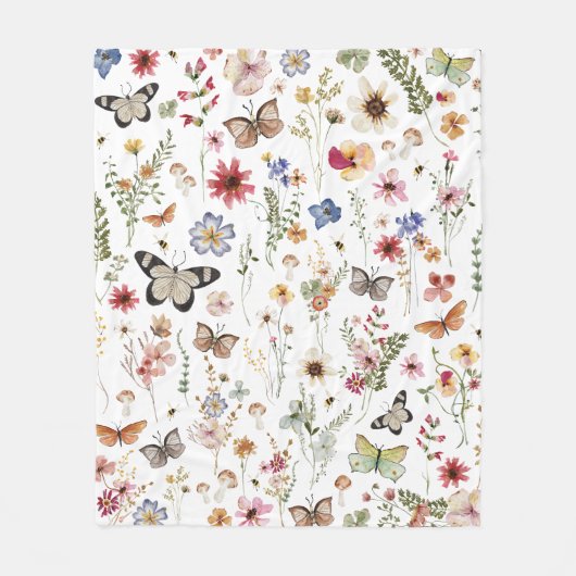 Kleurrijke  Wildflower Vlinders Botanisch Fleece Deken (Voorkant)
