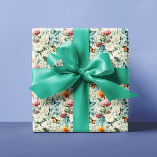 Kleurrijke Wildflower Vlinders Patroon Cadeaupapier