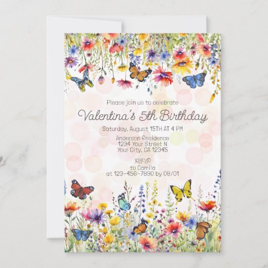 Kleurrijke Wildflower Vlinders Verjaardag Meisje Kaart (Voorkant)