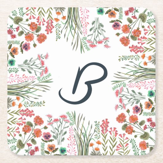 Kleurrijke Wildflower Vrijgezellenfeest Monogram Kartonnen Onderzetters (Voorkant)
