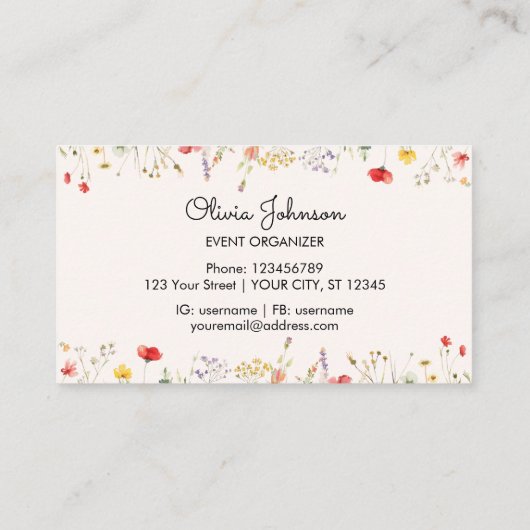 Kleurrijke Wildflower Waterverf Summer Floral Visitekaartje (Achterkant)