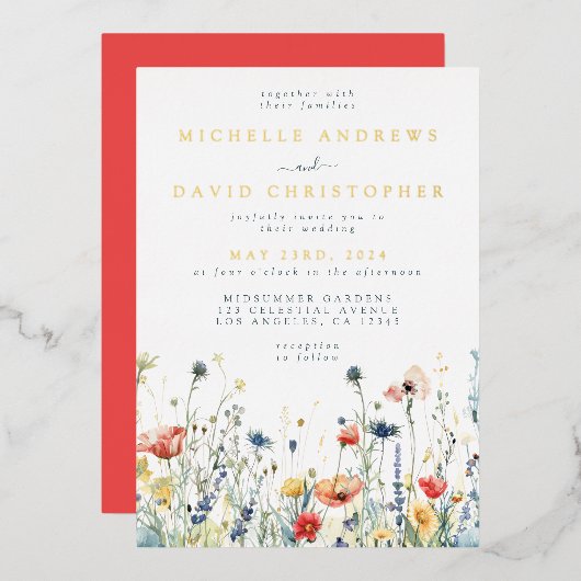 Kleurrijke Wildflower Wedding Folie Uitnodiging (Voorkant / Achterkant)
