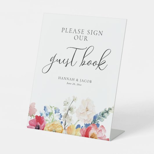 Kleurrijke Wildflower Wedding Guest Book Table Reclamebord Met Voetstuk (Voorkant)