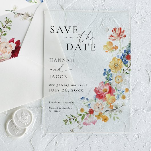 Kleurrijke Wildflower Wedding Save the Date Acryl Uitnodigingen