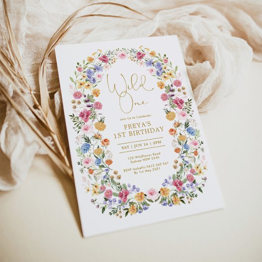 Kleurrijke Wildflower Wild One 1st Birthday Party Kaart