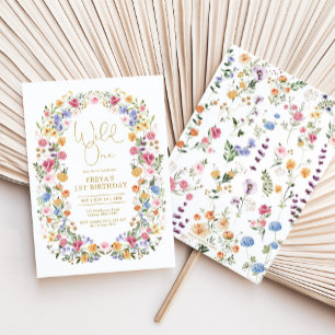 Kleurrijke Wildflower Wild One 1st Birthday Party Kaart