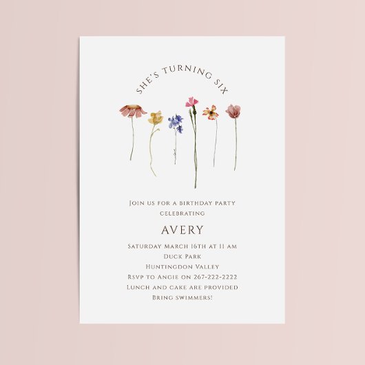Kleurrijke Wildflower Zesde Verjaardag Party Kaart