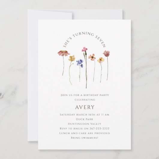 Kleurrijke Wildflower Zevende Verjaardagsfeest Kaart (Voorkant)