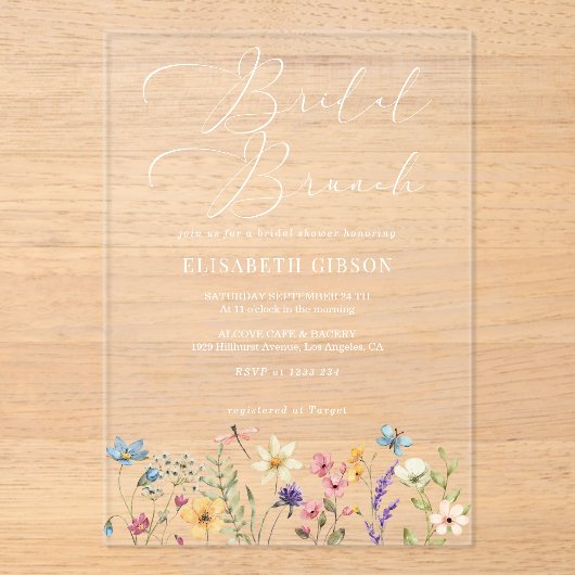 Kleurrijke Wildflowers & Butterfly Bruids Brunch Acryl Uitnodigingen (Voorkant)
