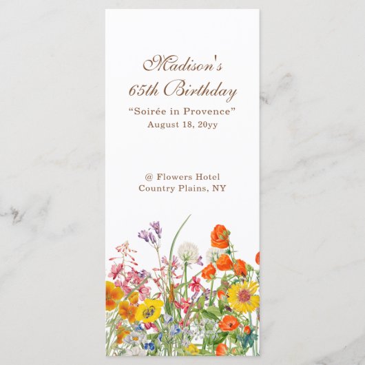 Kleurrijke Wildflowers Country 65e verjaardag Menu (Voorkant)