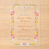 Kleurrijke Wildflowers Crest Monogram Zomer Huweli Acryl Uitnodigingen (Voorkant)