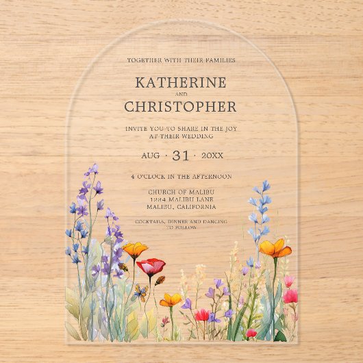 Kleurrijke Wildflowers Elegant Wedding Arch Acryl Uitnodigingen (Voorkant)