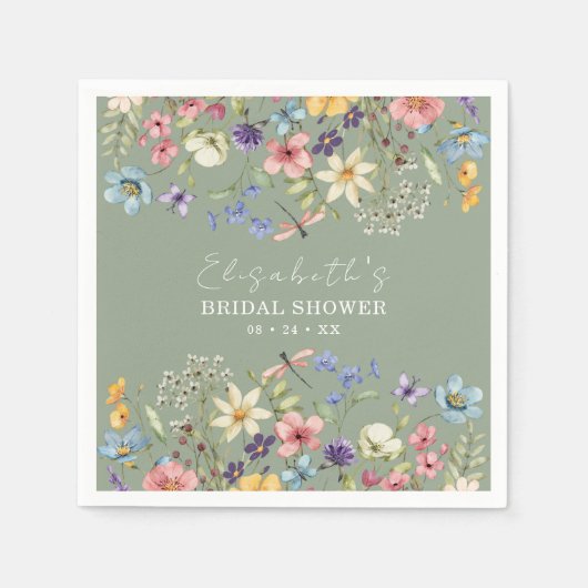 Kleurrijke Wildflowers Sage Green Vrijgezellenfees Servet (Voorkant)