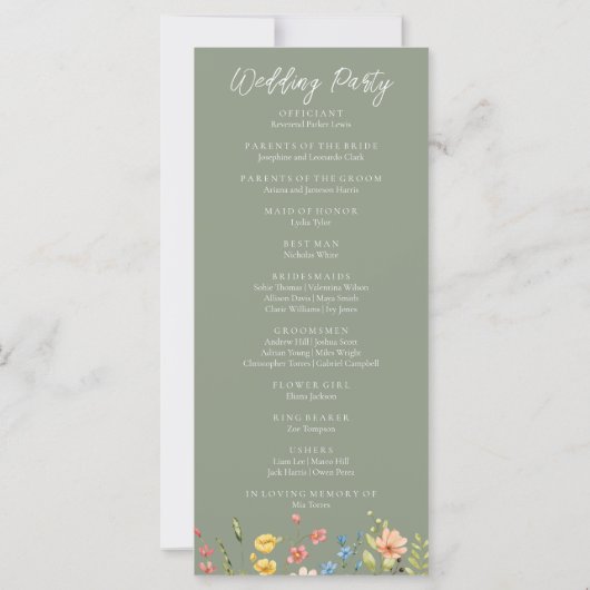 Kleurrijke Wildflowers Sage Green Wedding Programm (Achterkant)